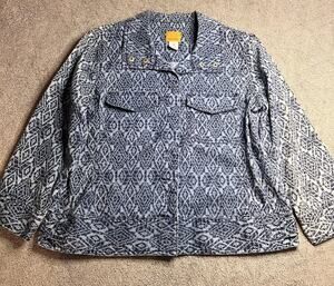 Ruby Rd. Women's Tribal Print Cropped Sleeves Denim Jean Jacket Size 10 B257